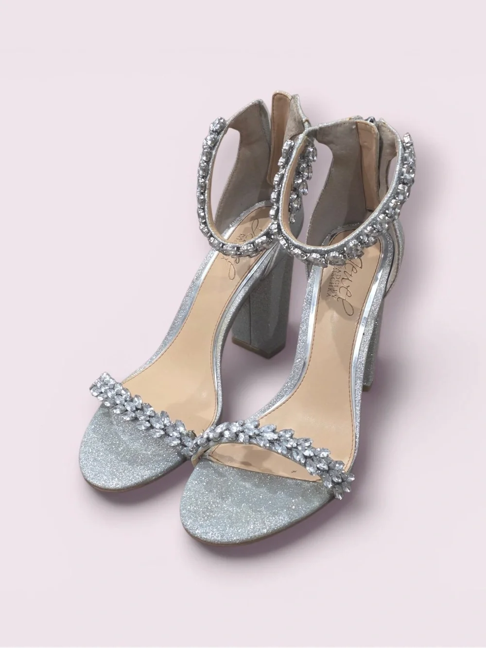 Jewel Badgley Mischka Silver Crystal-Embellished Ankle-Strap Heels